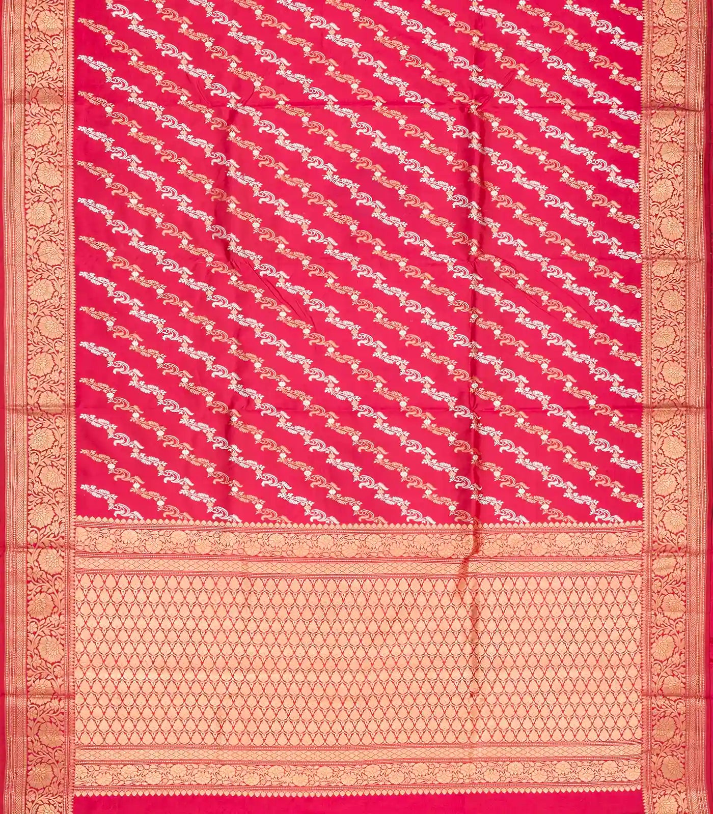 Hot Pink Handloom Banarasi Silk Saree With Gold & Silver Zari Motifs