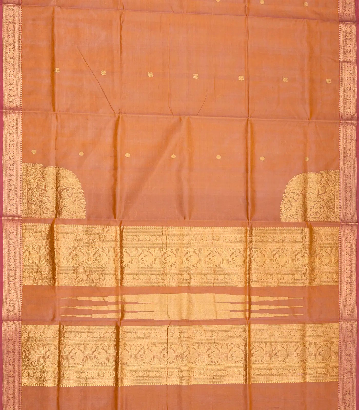 Peach Handloom Silk Cotton Saree With Peacock Corner Buttas
