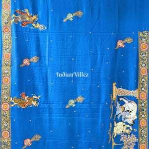 Peacock Blue Krishna Janmashtami Theme Pattachitra Saree