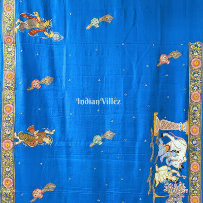 Peacock Blue Krishna Janmashtami Theme Pattachitra Saree
