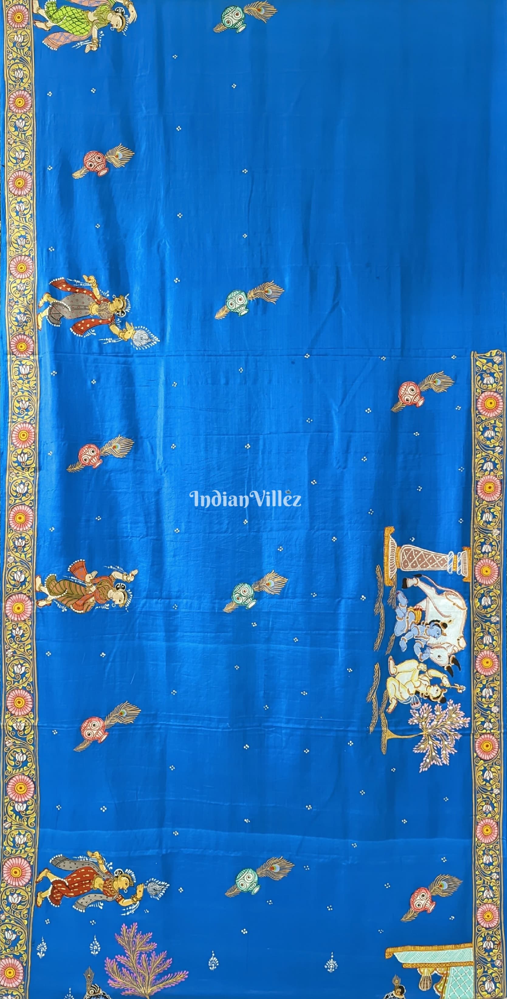 Peacock Blue Krishna Janmashtami Theme Pattachitra Saree