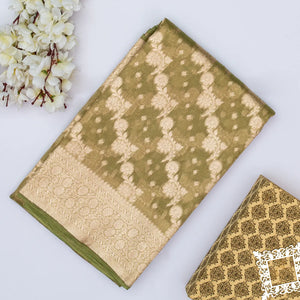 Olive Green Banarasi Tissue Silk Saree With Diagonal Floral Motifs