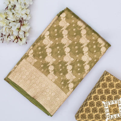 Olive Green Banarasi Tissue Silk Saree With Diagonal Floral Motifs