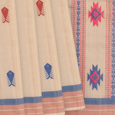 Sandal Handwoven Tussar Silk Saree With Fish & Bird Motifs in Body & Pallu-Sandal