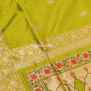 Lime Green Designer Banarasi Katan Silk Saree