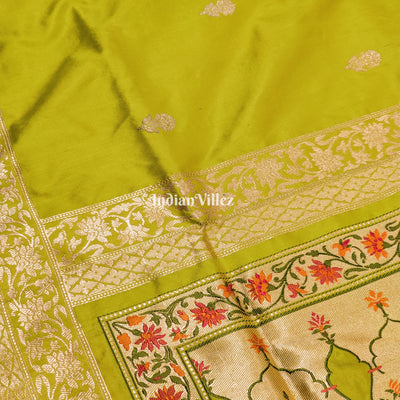 Lime Green Designer Banarasi Katan Silk Saree