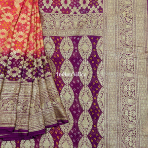Peach Magenta Pure  Khaddi Georgette Banarasi Bandhani Silk Saree
