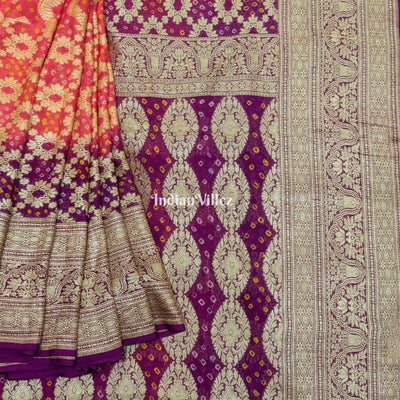 Peach Magenta Pure  Khaddi Georgette Banarasi Bandhani Silk Saree