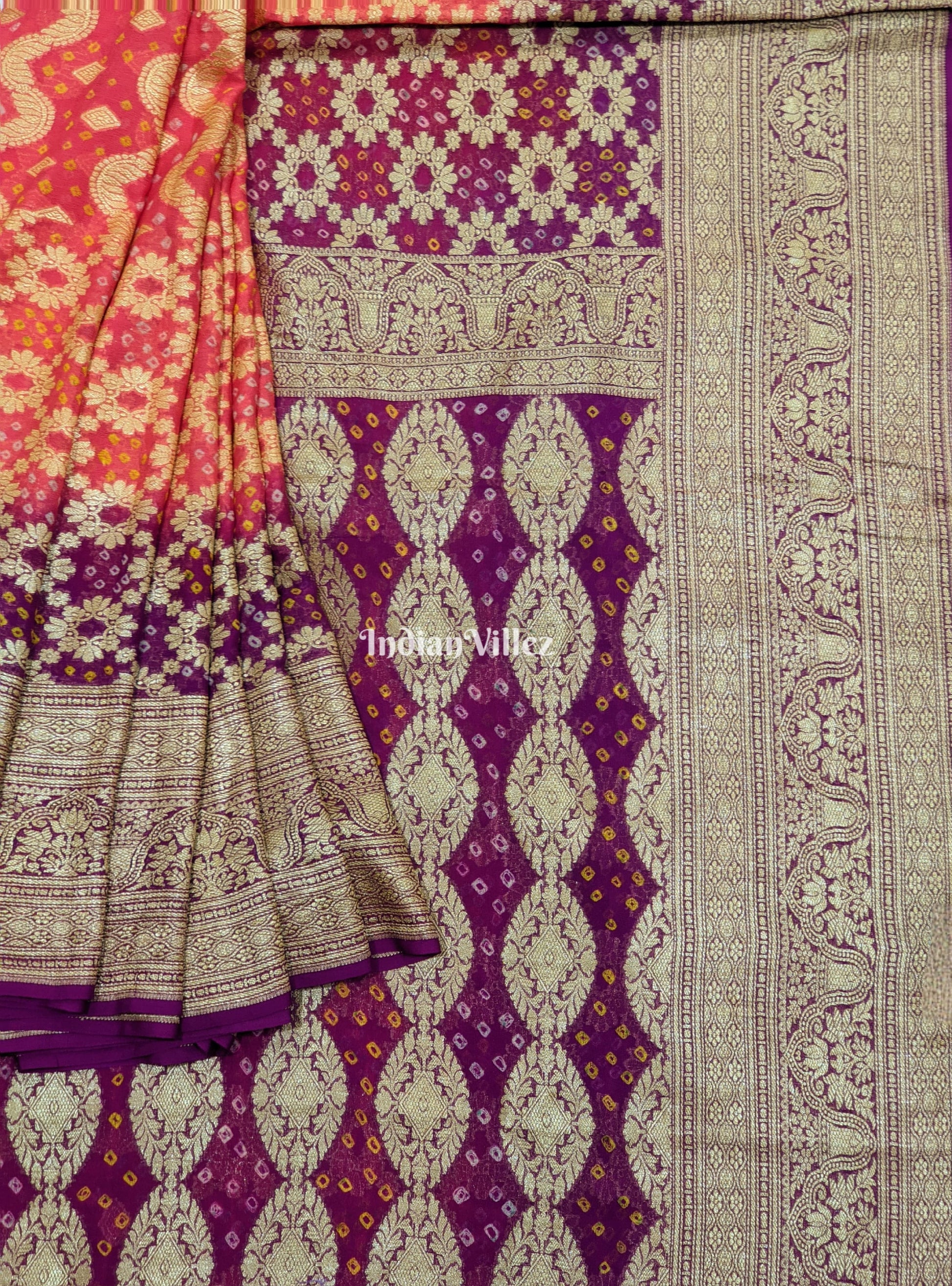 Peach Magenta Pure  Khaddi Georgette Banarasi Bandhani Silk Saree
