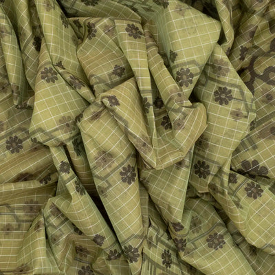 Shadow Green Bengal Cotton Saree With Checks & Floral Motifs