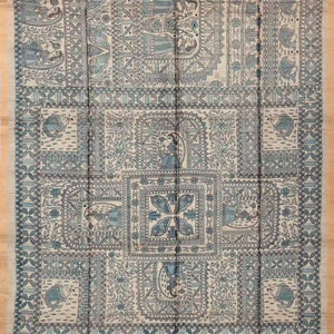 Taupe Handwoven Tussar Silk Saree With Blue Printed Wedding Motifs