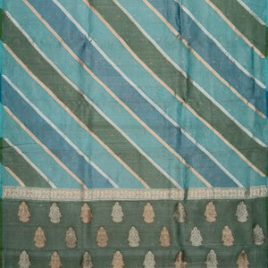 Blue & Green Banarasi Tissue Silk Saree With Diagonal Stripes