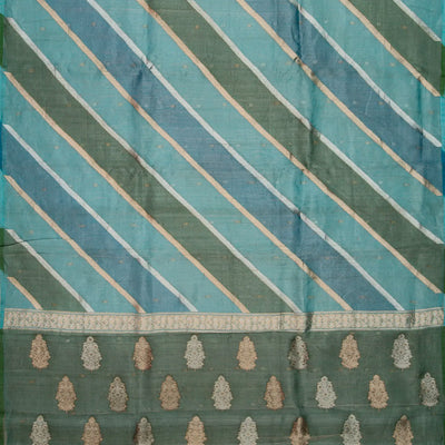 Blue & Green Banarasi Tissue Silk Saree With Diagonal Stripes