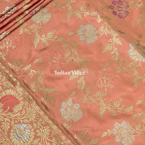 Peach Floral Designer Meenakari Katan Banarasi Saree