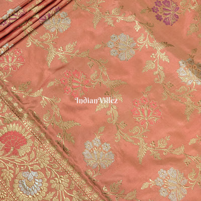 Peach Floral Designer Meenakari Katan Banarasi Saree