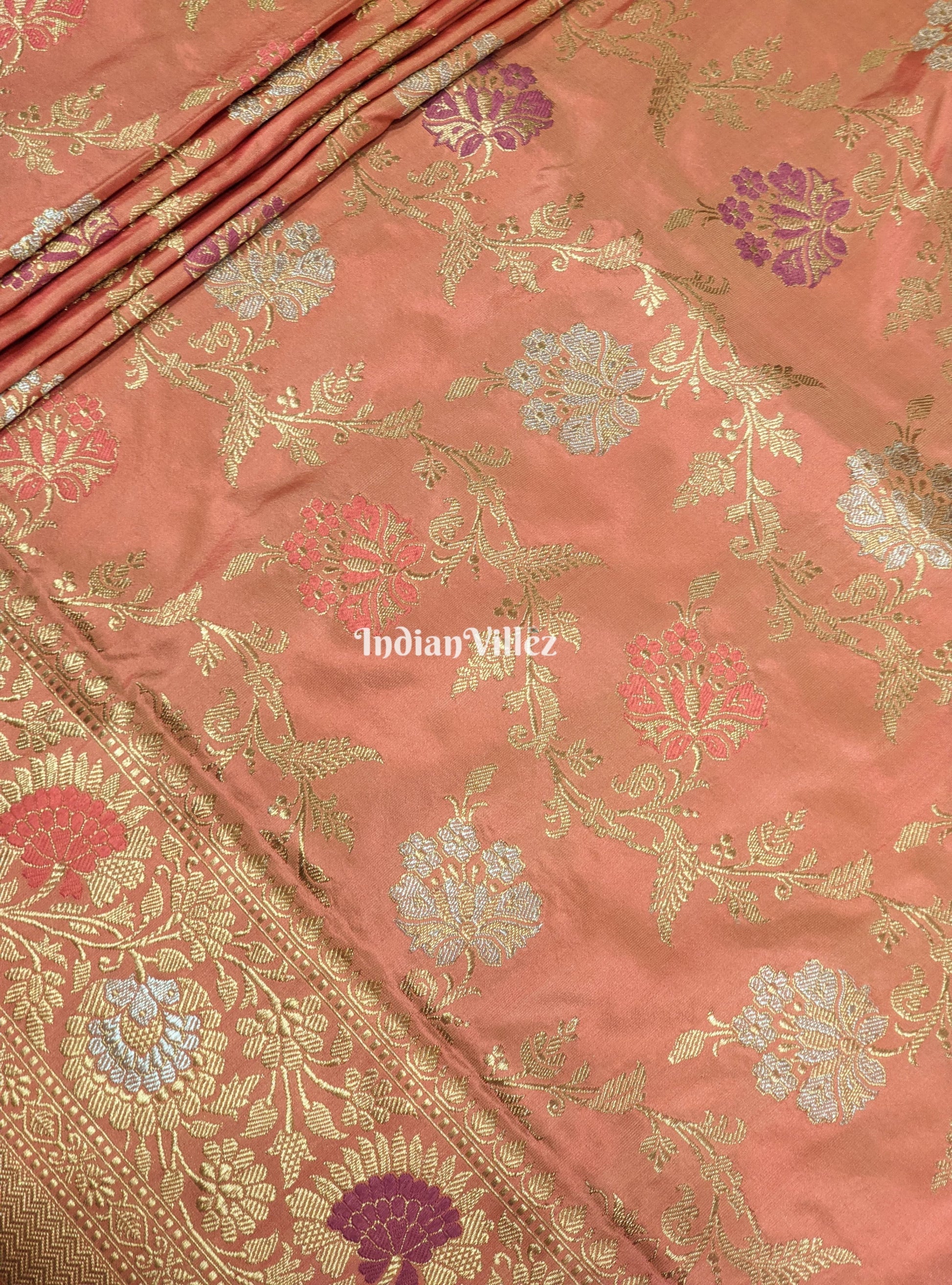 Peach Floral Designer Meenakari Katan Banarasi Saree