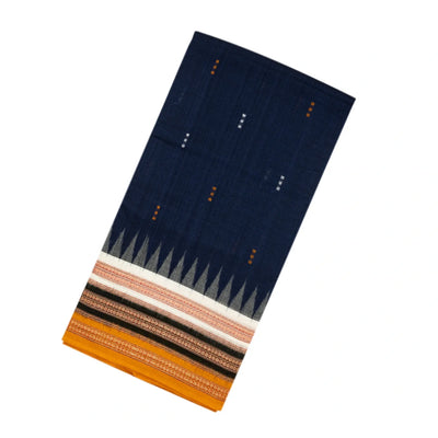 Dark Blue Handloom Orissa Cotton Saree With Mustard Tie & Dye Pallu