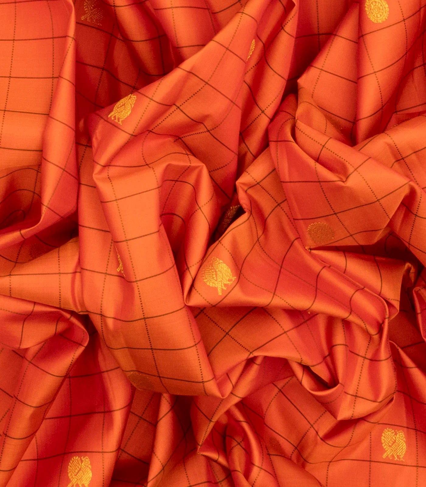 Peach Handloom Kanchipuram Silk Saree With Checks & Buttas