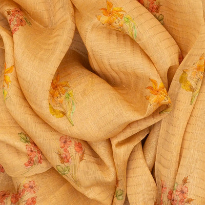 Beige Handwoven Linen Saree Printed With Flower Motifs
