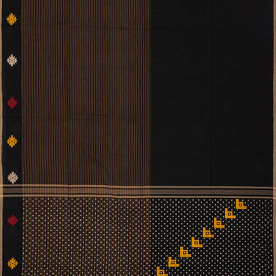 Black Handloom Bengal Cotton Saree With Stripes