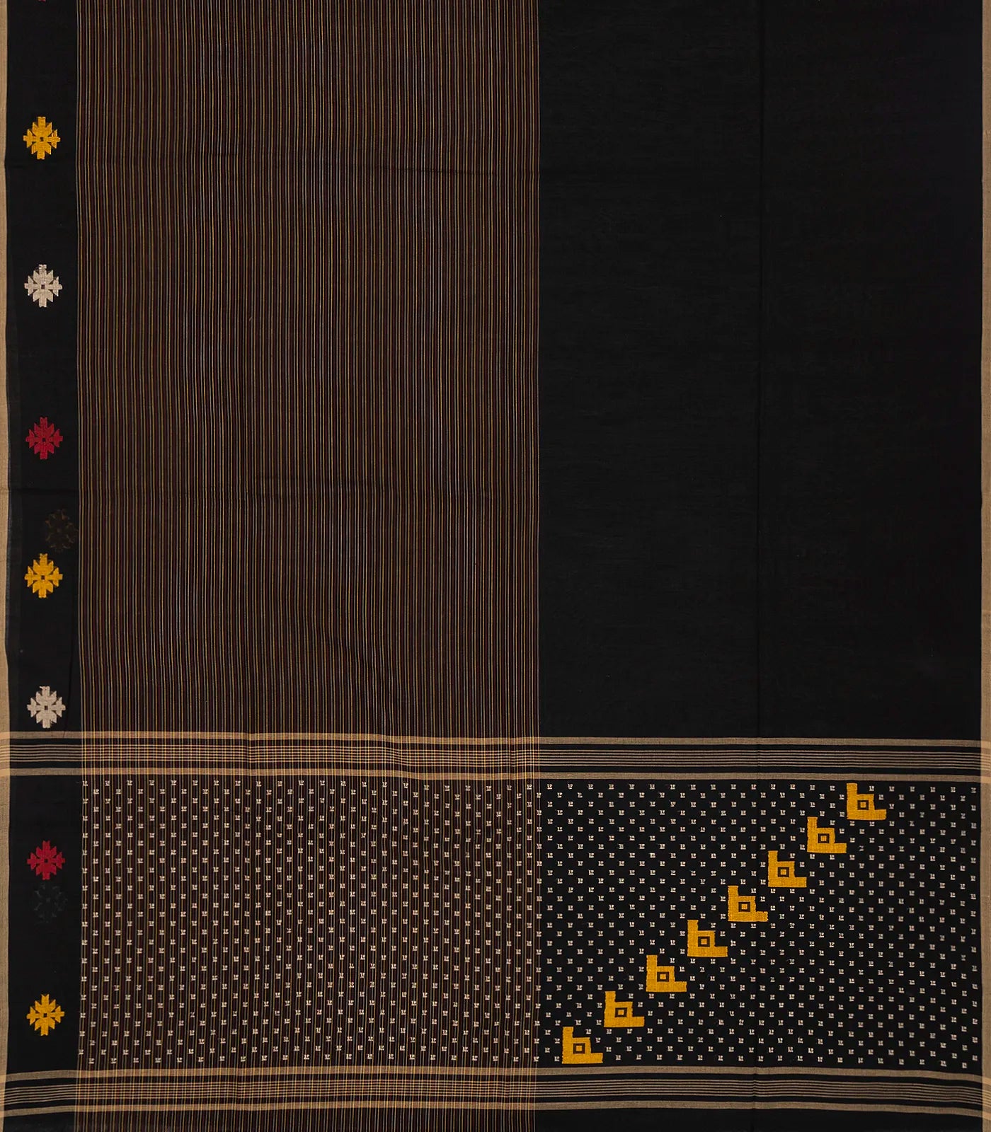 Black Handloom Bengal Cotton Saree With Stripes