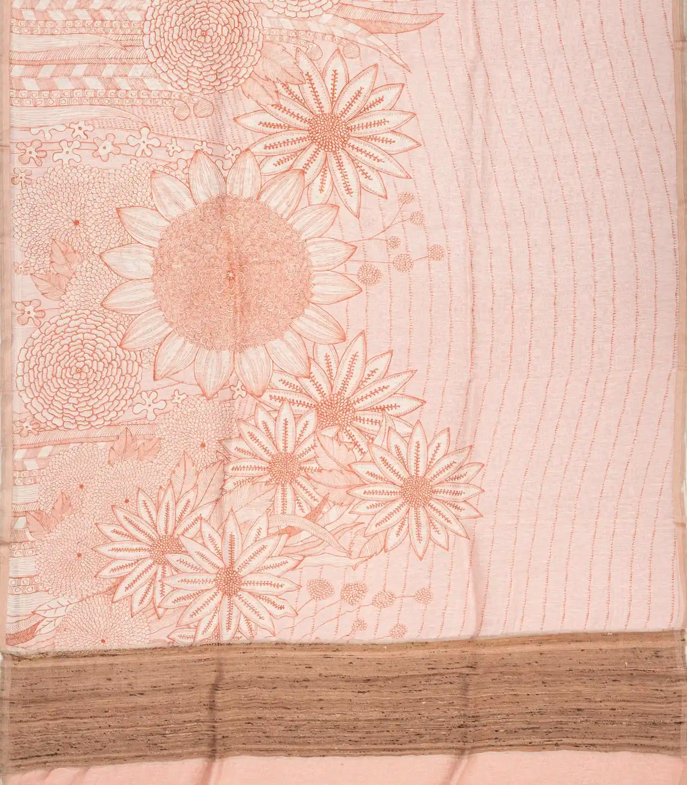 Peach Handwoven Linen Saree Printed With Flower Motifs