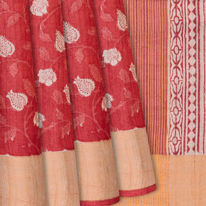 Peach Handloom Tussar Silk Saree With Printed Floral Motifs-Peach