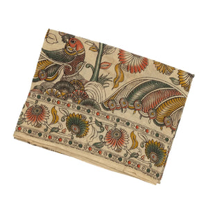 Taupe Cotton Saree With Mustard Kalamkari Print