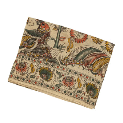 Taupe Cotton Saree With Mustard Kalamkari Print