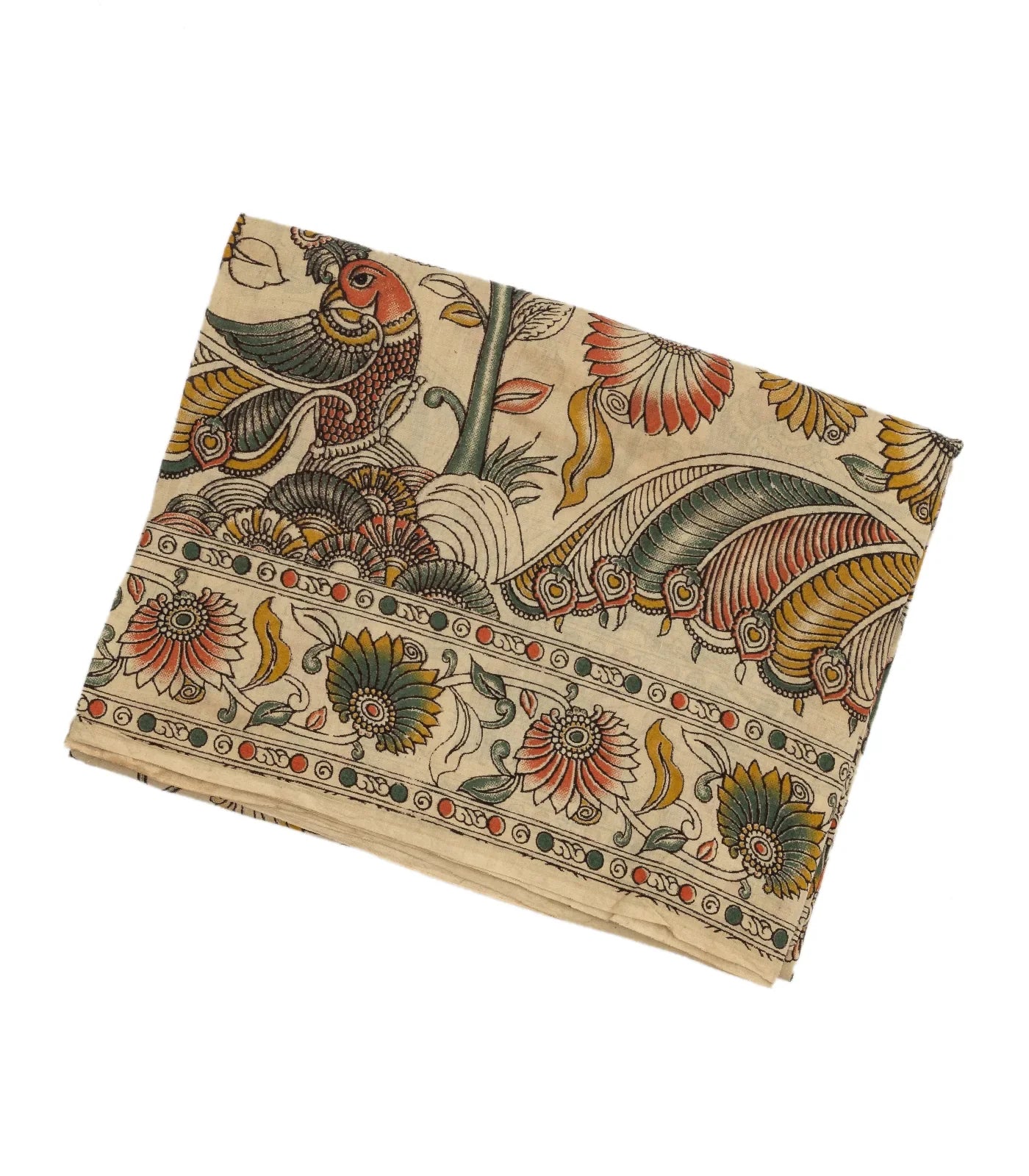 Taupe Cotton Saree With Mustard Kalamkari Print