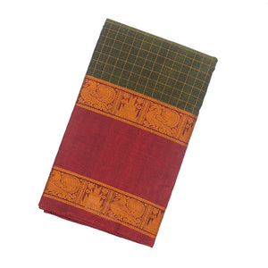 Green Handloom Kanchi Cotton Saree With Crimson Border