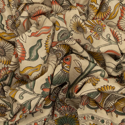 Taupe Cotton Saree With Mustard Kalamkari Print