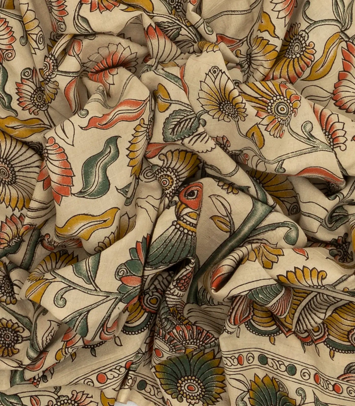 Taupe Cotton Saree With Mustard Kalamkari Print