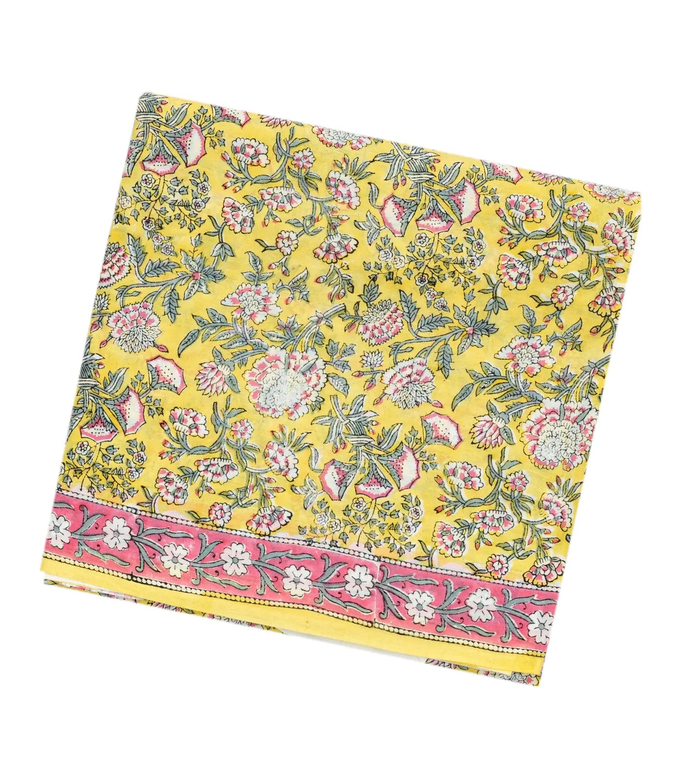 Yellow Woven Jaipur Cotton Saree Printed With Pink Flower Motifs
