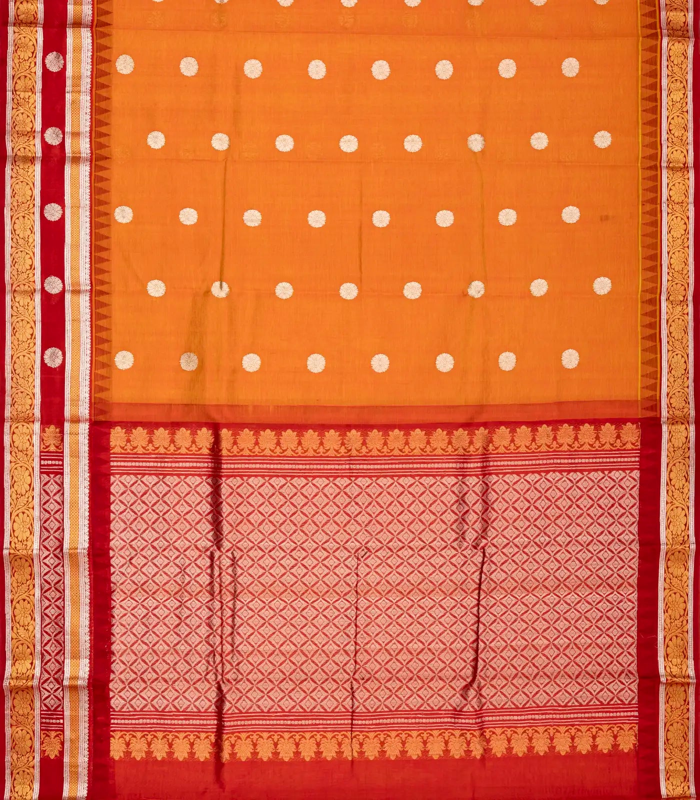 Rust Handloom Chirala Silk Cotton Saree With Chakaram Buttas