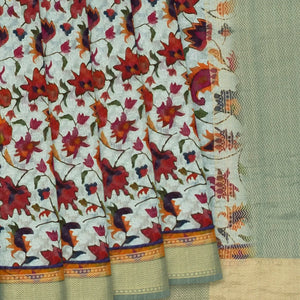Off White Handloom Printed Tussar Silk Saree With Floral Vine Motifs-Off White