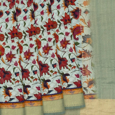 Off White Handloom Printed Tussar Silk Saree With Floral Vine Motifs-Off White