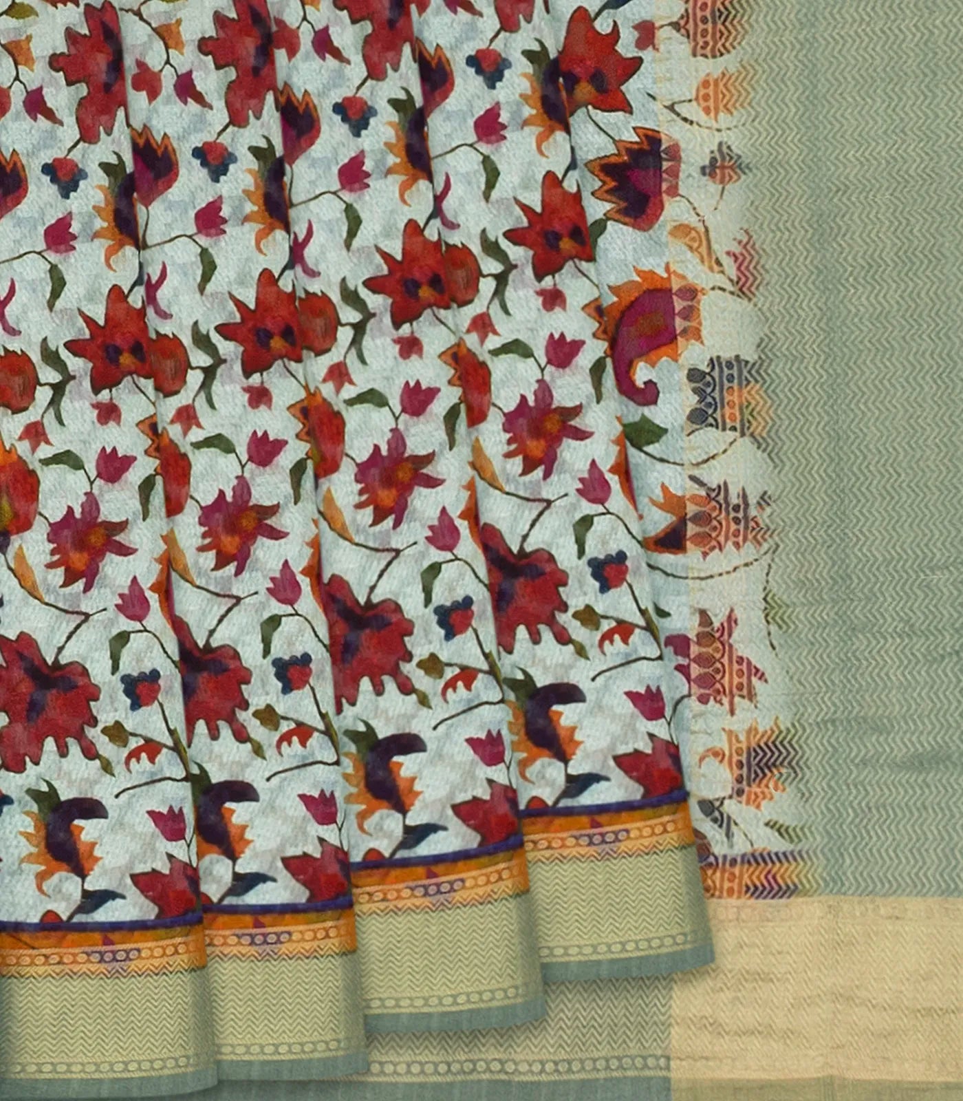 Off White Handloom Printed Tussar Silk Saree With Floral Vine Motifs-Off White