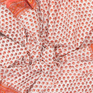 White Woven Jaipur Cotton Saree Printed With Peach Flower  Motifs