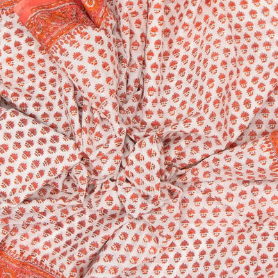 White Woven Jaipur Cotton Saree Printed With Peach Flower  Motifs