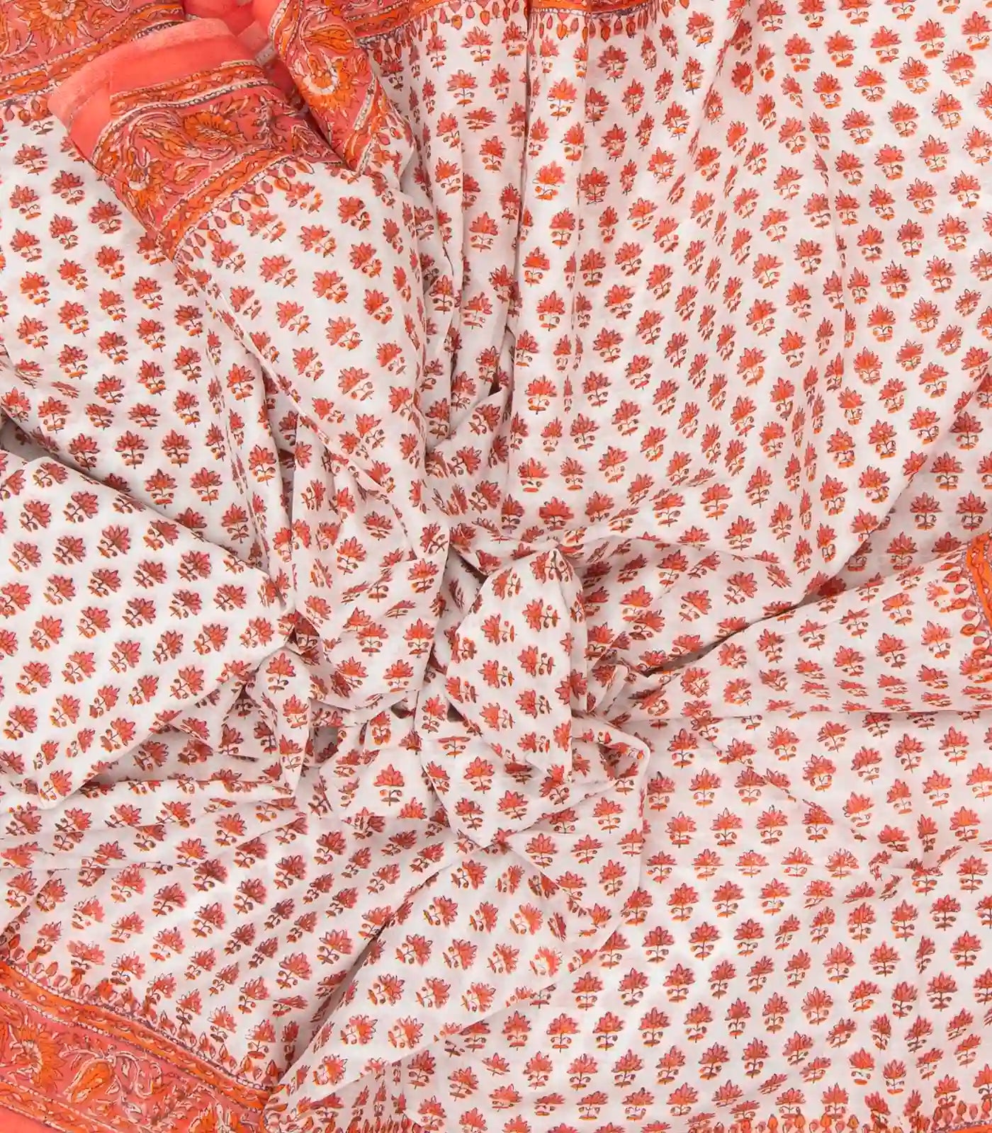 White Woven Jaipur Cotton Saree Printed With Peach Flower  Motifs