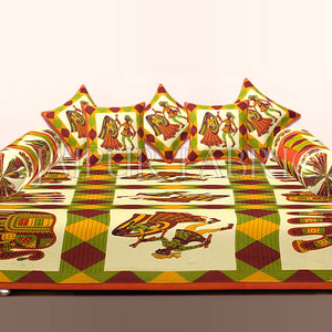 Cream Base Orange Border Jaipuri Folk Dance Print Cotton Diwan Set