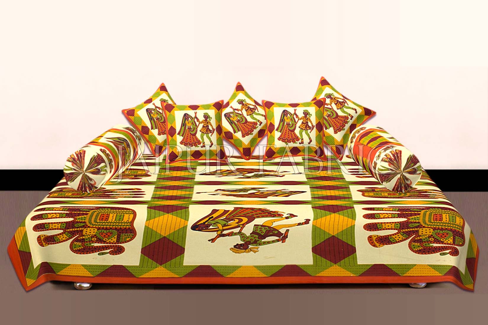Cream Base Orange Border Jaipuri Folk Dance Print Cotton Diwan Set