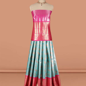 Blue  ikkat floral, animal design art-silk half saree, contrast traditional zari border,zari design blouse & floral  dhavani