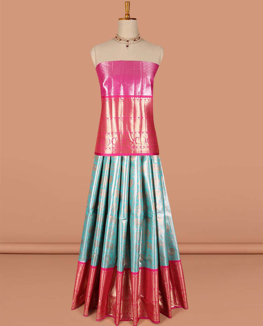 Blue  ikkat floral, animal design art-silk half saree, contrast traditional zari border,zari design blouse & floral  dhavani