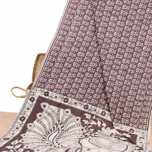 Red batik machine-printed kalamkari cotton saree, self-border & pallu of peacock motifs