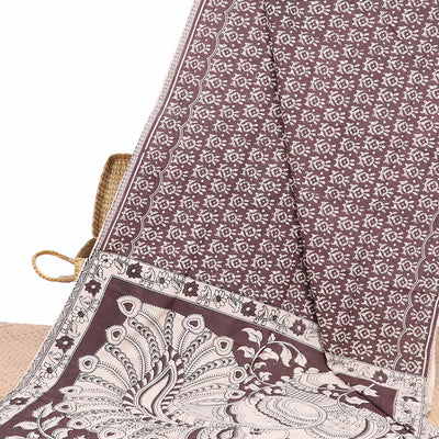 Red batik machine-printed kalamkari cotton saree, self-border & pallu of peacock motifs