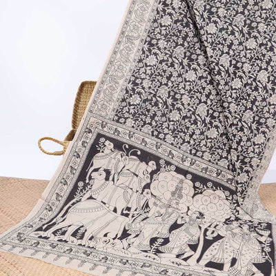 Black floral machine-printed kalamkari cotton saree, self-border & pallu of Pichwai cow & radha krishna motif