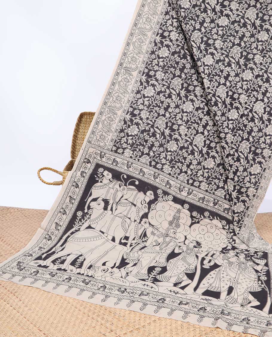 Black floral machine-printed kalamkari cotton saree, self-border & pallu of Pichwai cow & radha krishna motif