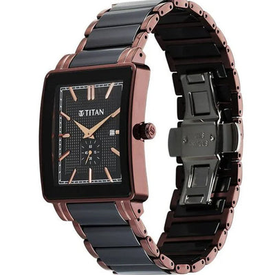 Titan Regalia Shaped Ceramic Quartz Analog with Date Black Dial Steel & Ceramic Strap Watch For Men 33.8mm 90013KD06